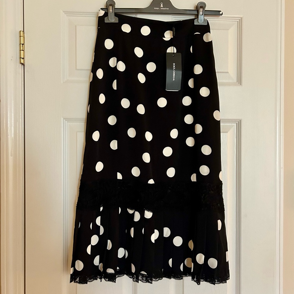 Dolce & Gabbana Black and White Polka Dot Silk Midi Skirt size S, NWT